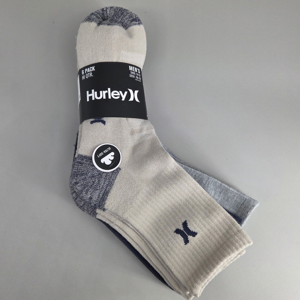 Hurley Hi Qtr‎ Socks Mens 10-13 6 Pack Khaki Navy Grey Cushioned Athletic Skate